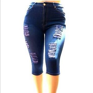 Plus Size WOMENS CAPRI BLUE  Ripped JEANS N1057